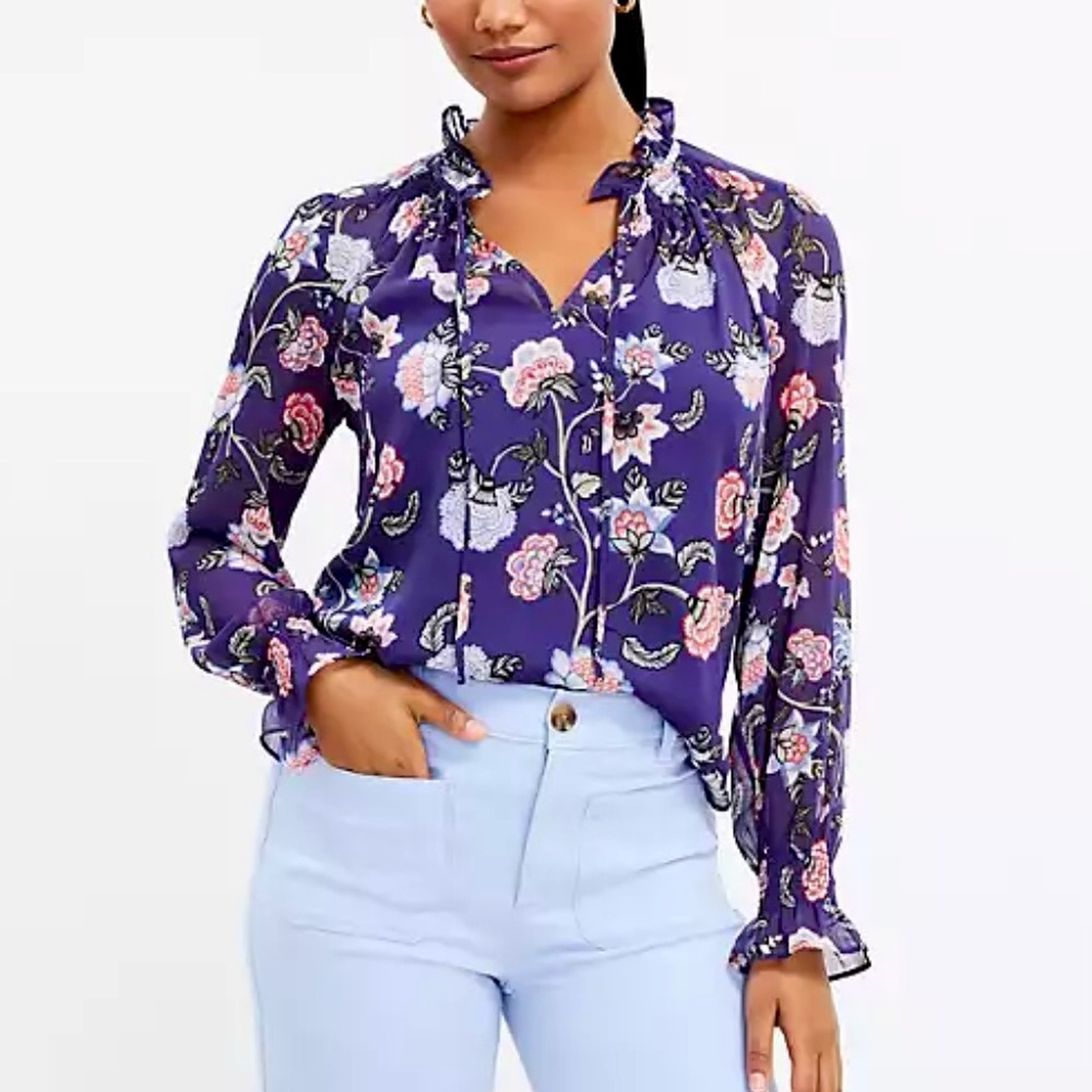 LOFT Floral Ruffled Tie Neck Long Sleeve Top Blouse Women’s Petite Size S